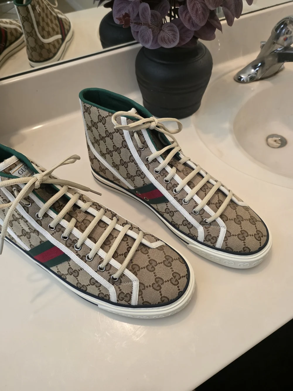 Gucci High-Top GG Canvas Sneakers in Beige with Green Trim